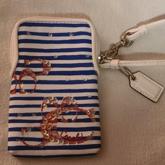 Coach Nautical (Blue & White Striped) Colored Wristlet with Sequins - Picture 1 of 6